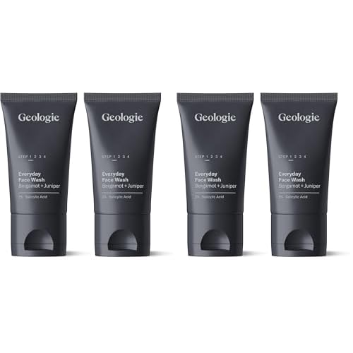 Geologie 2% Salicylic Acid Face Wash Bergamot + Juniper Scent | Facial Cleanser for Men & Women | Acne & Oil Control | Deep Cleansing & BHA Exfoliating Face Wash | 4-Pack