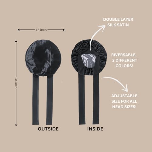 Black Satin Bonnet, Sleeping Cap Night Cap for Women, Double-Layered, Can Be Worn on Both Sides, Hair Protection
