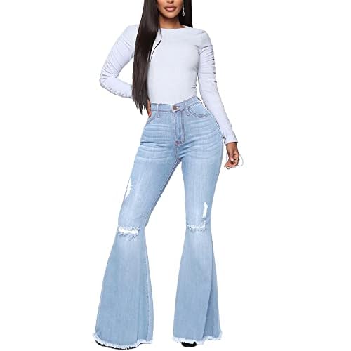 Women's Fashion Bell Bottom Pants High Waist Tassel Stretch Curvy Fit Jeans Blue