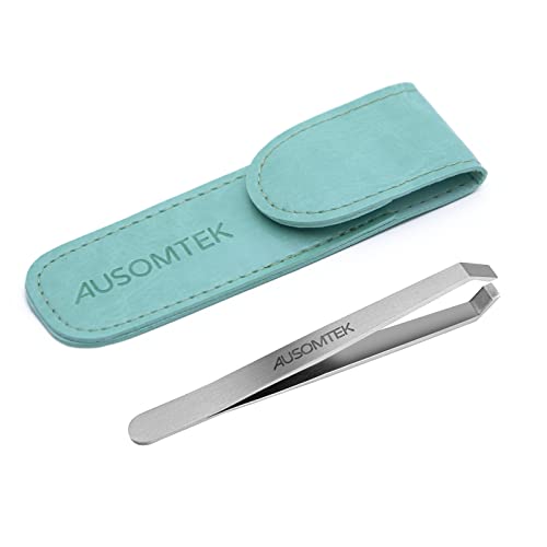 Beard Tweezers, White Hair Plucking, Fine Hair Removal, Eyebrows Shaping Tool, 5mm Tip, Stainless Steel, Cyan PU Case 1Pack