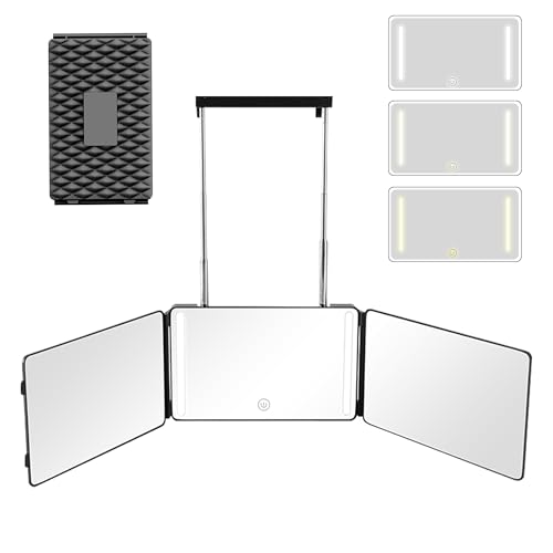 3 Way Mirror with LED Lights & 360¡Æ View,See Back of Head Trifold Barber Mirror for Self Haircut, Shaving & Braiding, Portable Travel Design with Hook for Home,Men & Women (Black)