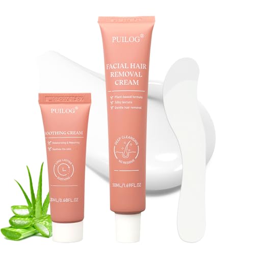 Facial Hair Removal Cream Kit for Women - Painless Depilatory Cream for Sensitive Skin on Upper Lip & Chin, with Soothing Cream & Spatula, At Home Hair Remover Set, 2.37 fl.oz