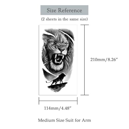 2 Sheets Realistic Animal Temporary Tattoos Stickers Roar Lion Designs For Men Waterproof Arm Leg Fake Body Art, Gym & Parties Bold Masculine Decals