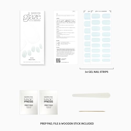 Dashing Diva Glaze Semicured Gel Nail Strips - Blue Salt | Long Lasting, Chip Resistant | LED Nail Lamp Compatible | 34 salon-quality wraps, 2 prep pads, 1 nail file