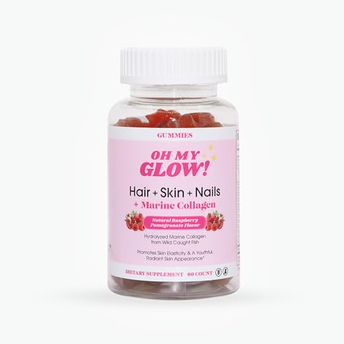 Oh My Glow! Hair, Skin & Nails + Marine Collagen ? Gluten-Free, Non-GMO Gummies, Raspberry Pomegranate