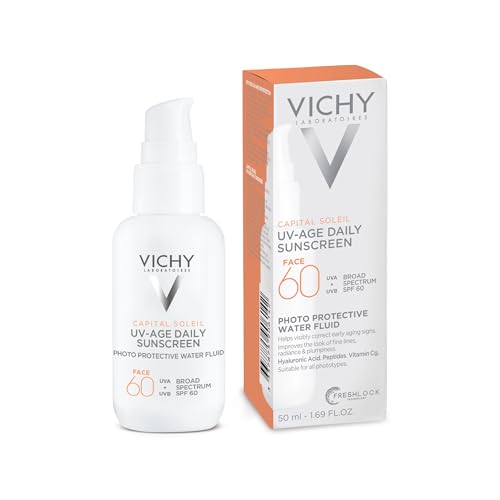 Vichy Capital Soleil UV-Age Daily SPF 60, Anti Aging Sunscreen for Face SPF 60, Hyaluronic Acid + Peptides + Vitamin C, Broad Spectrum Invisible SPF Protection, No White Cast Sunscreen