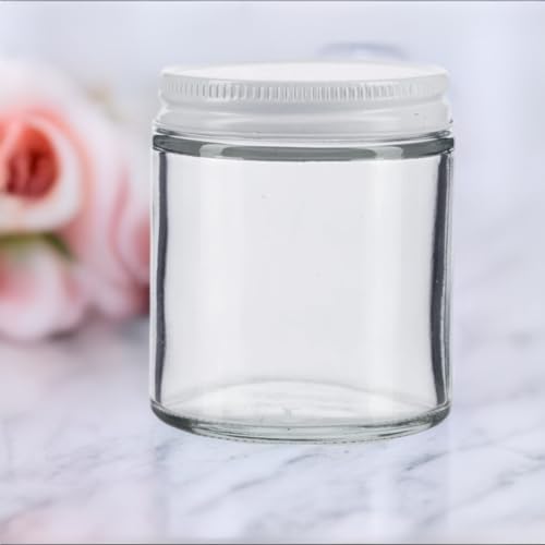 (6 pack) 4 oz / 120 ml Clear Thick Glass Straight Sided Jar with White Metal Airtight Lid