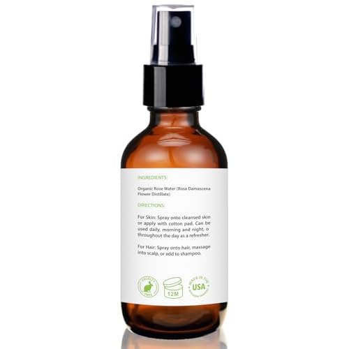 Rose Water Spray for Face - Facial Toner & Hair Mist - USDA Certified Organic - 100% Pure & Alcohol Free - 4 Oz
