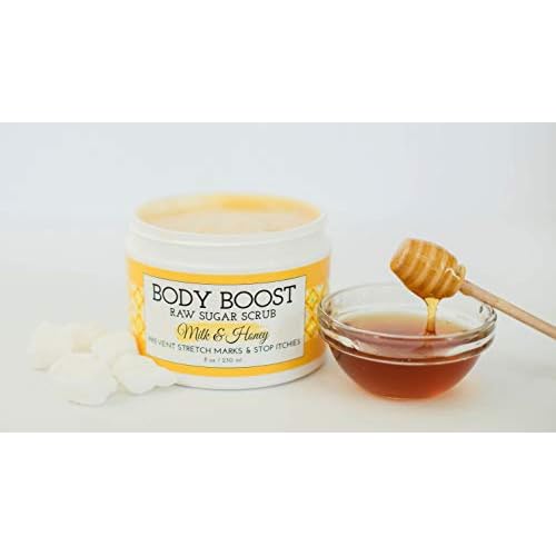 Body Boost Milk & Honey Sugar Scrub 8 oz- Help Prevent Dry Skin, Stretch Marks, and Scars- Pregnancy and Nursing Safe- Allergen Free