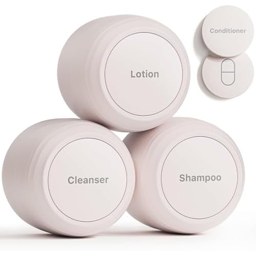 New Travel Toiletry Containers [Ultra Leakproof] TSA-Approved, PLA Hard Shell Jars with 5 Magnetic Labels, Wide Mouth Bottles for Lotion, Cleanser, Shampoo, Conditioner, Beige, 3 Pack, 1OZ