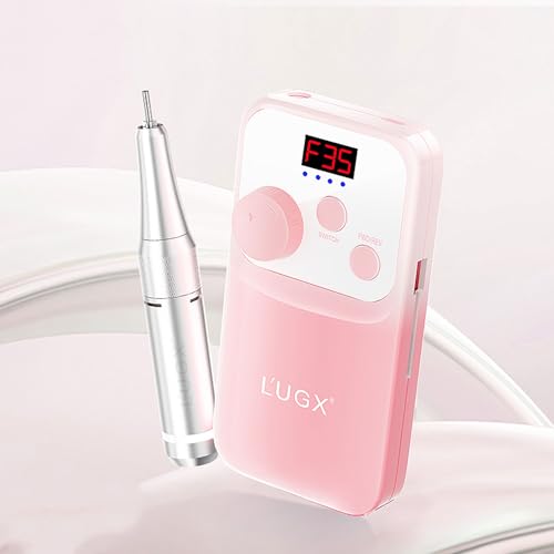 L'UGX Nail Drill Machine 35000RPM ? Rechargeable Electric Nail File with LED Display, Portable Efile Nail Drills for Acrylic Gel Nails, Cordless Nails Drill for Beginners & Pros-Pink