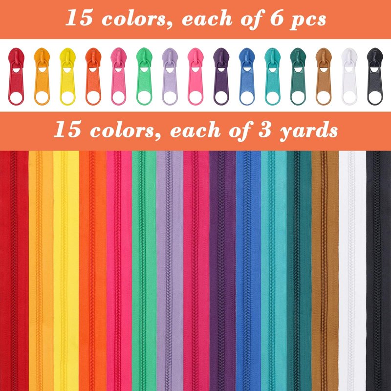 DIY Zipper Kit with 45 Yards of Nylon Coil Zippers in 15 Colors, Includes Pull Heads, Scissors & Ruler