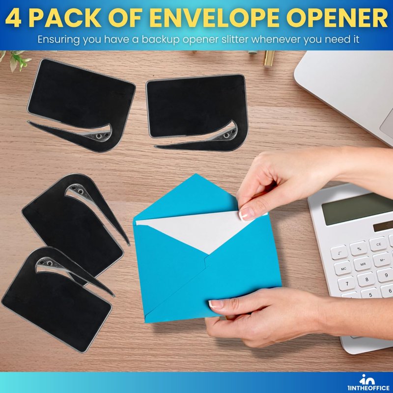 Envelope Openers 4 Pack - Black Stainless Steel Blade Mail Cutters for Office & Home