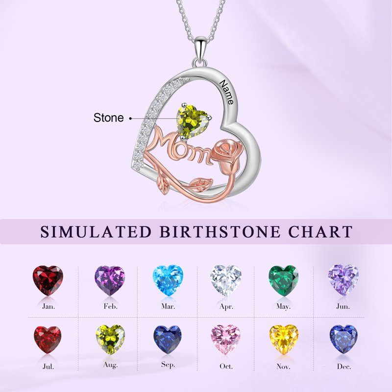 Personalized Heart Family Necklace with Birthstone for Women - Mom Gift