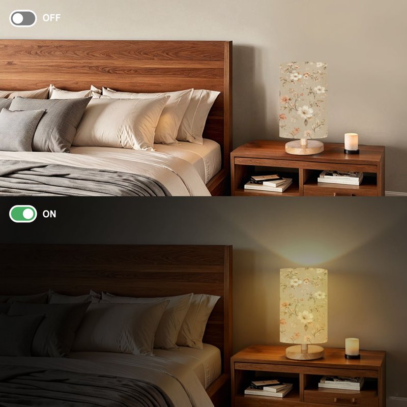 Dimmable Floral Table Lamp with Wood Base and Fabric Shade - Nightstand Light for Bedroom, Nursery, Kids Gift