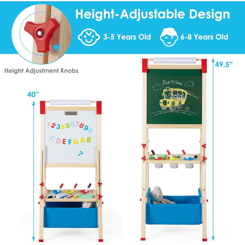 Kids Wooden Art Easel with Magnetic Chalkboard Whiteboard & Paper Roll - Height Adjustable & Storage