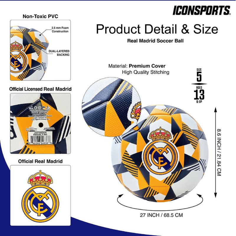 Size 5 Real Madrid Official Soccer Ball - Prism White Edition, Textured
