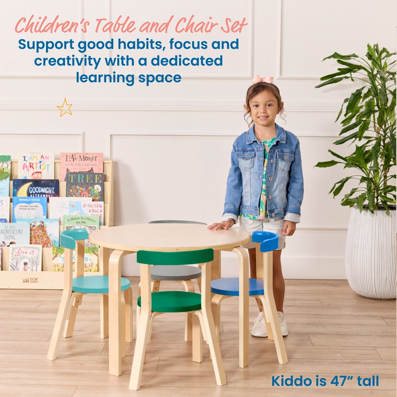 Kids Bentwood Table and Chair Set - 5-Piece Child Furniture for Playroom or Classroom