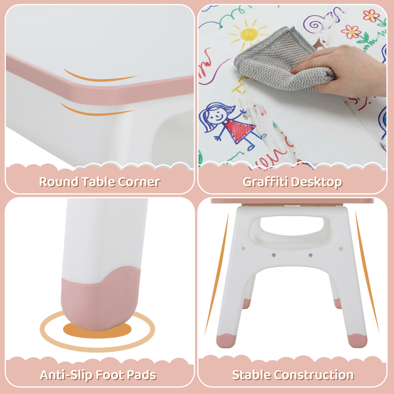 Kids Table and Chair Set with Adjustable Height and Graffiti Desktop - Pink & Yellow