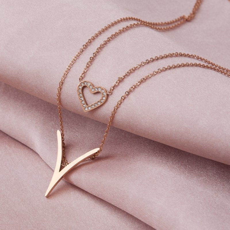 Rose Gold Layered V Heart Pendant Necklace for Women - Gift Box Included