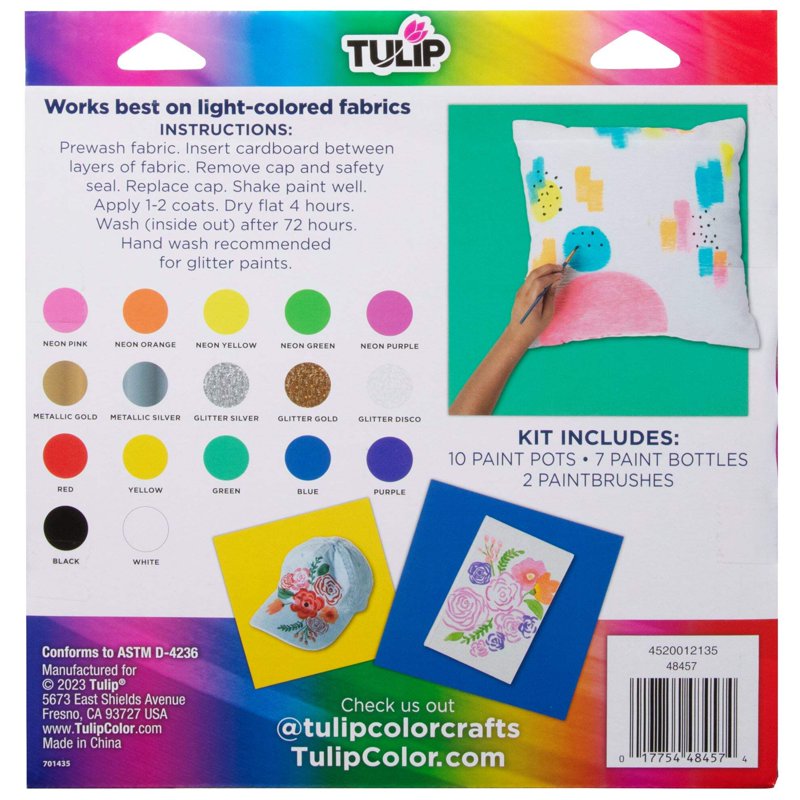 Fabric Paint Kit - 17 Neon, Metallic, Glitter Colors with 2 Brushes