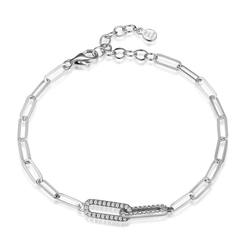 Sterling Silver CZ Oval Link Paperclip Bracelet Set - 6.75" + 1.25" Extender