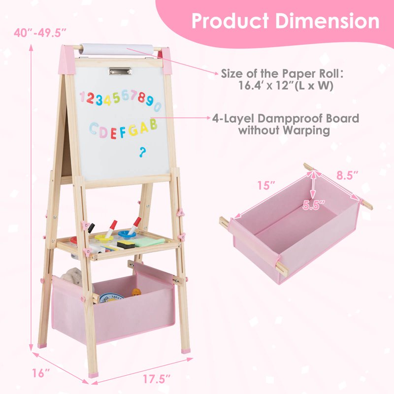 Kids 3-in-1 Wooden Art Easel with Magnetic Whiteboard & Chalkboard Pink