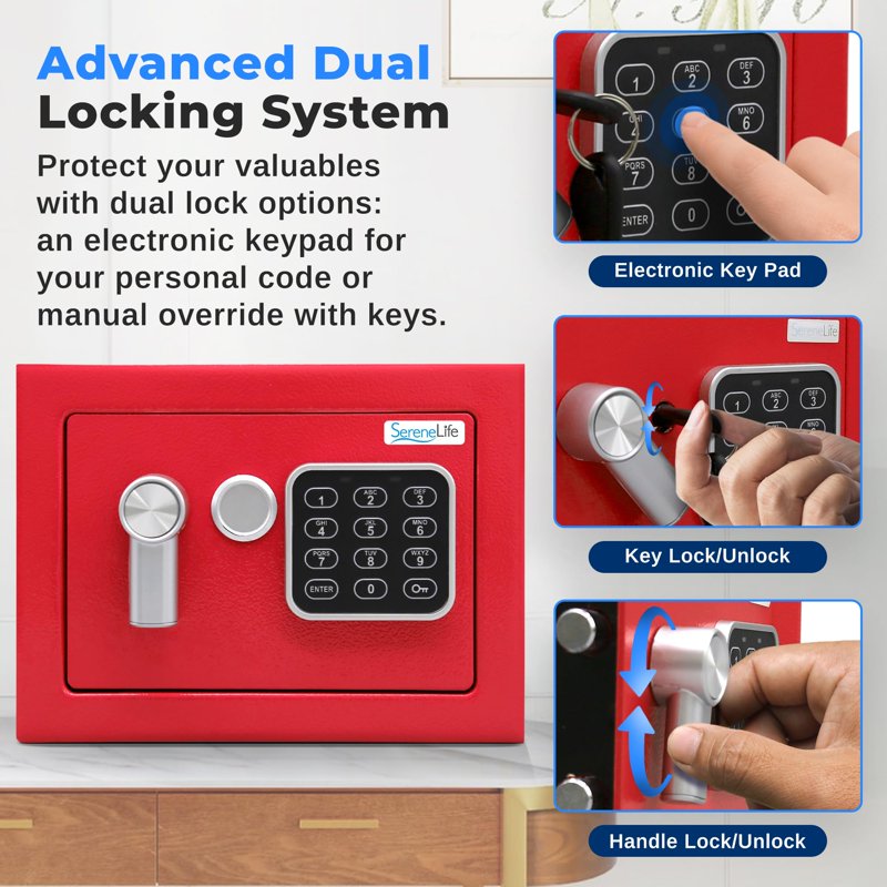 Electronic Safe Box with Digital Touchpad and Mechanical Override - Compact Steel Security Safe (Red)