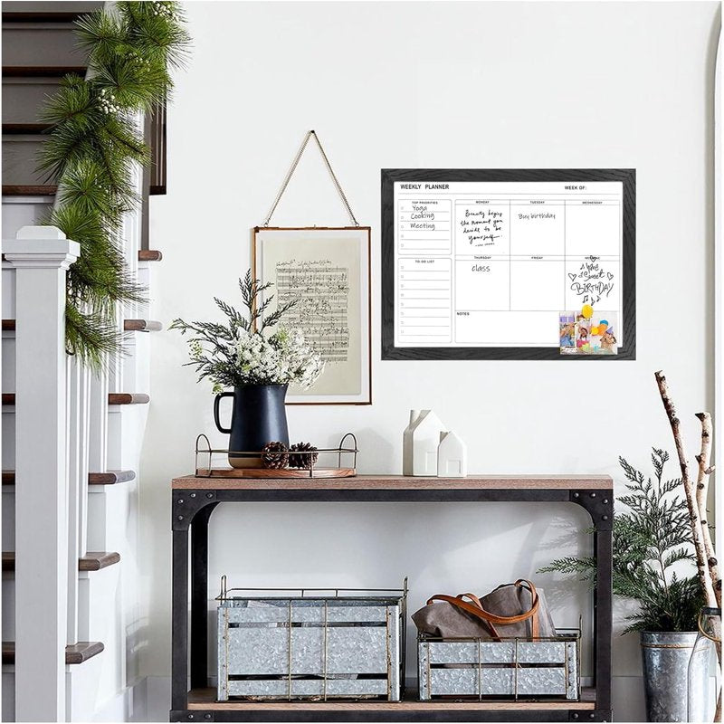 Whiteboard Weekly Calendar Dry Erase Planner Wall Mount 16x12 Black Frame