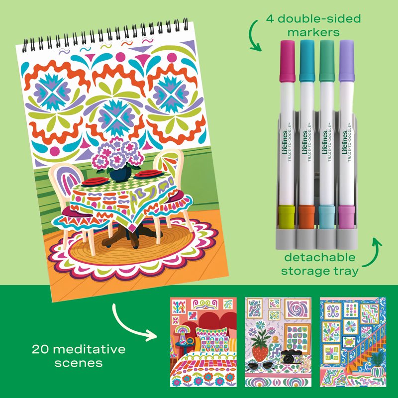 FlowArt Trace-to-Doodle Guided Art Activity Kit with Markers for Stress Relief & Home Décor