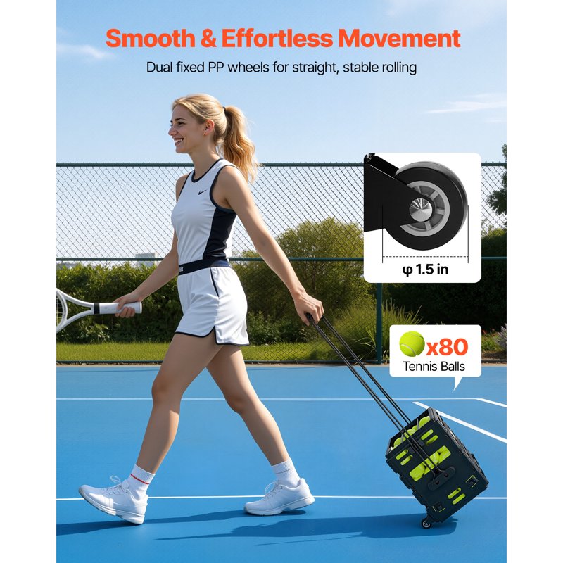 Portable Tennis Ball Hopper with 80-Ball Capacity, Folding Pickleball Basket Cart with Wheels for Training & Storage