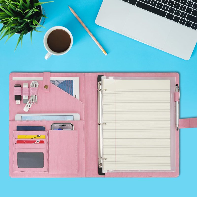 A4 PU Leather Portfolio Organizer with Removable Ring Binder and Multiple Pockets