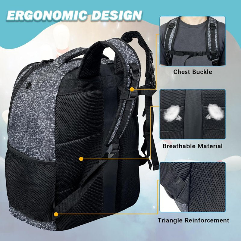 WOLT 2-Ball Bowling Backpack with Protective Foam & Shoe Compartment - HealthyGrey
