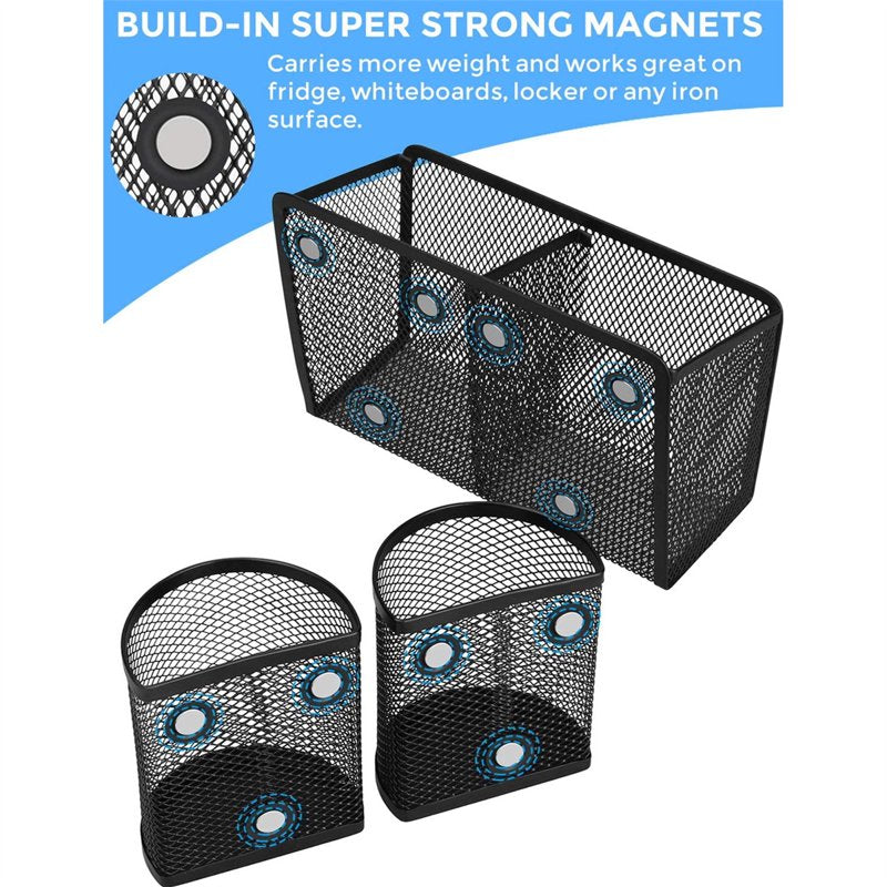 Magnetic Pen Holders Set of 3 - Metal Mesh Organizer for Fridge Whiteboard Office Desk