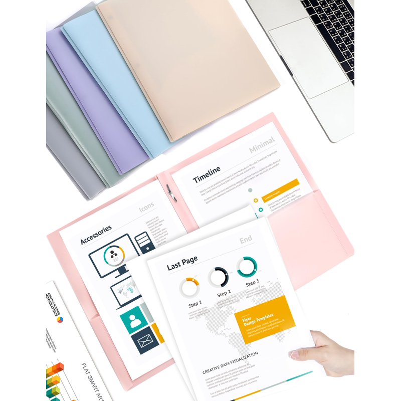 Heavy Duty Plastic Folder with Pockets & Business Card Slot - 6 Assorted Pastel Colors