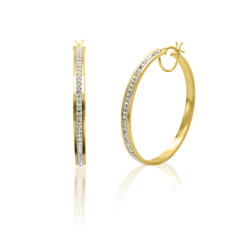 14K Gold Plated Sterling Silver Hoop Earrings with Crystals - Large Classic Round Design for Adults