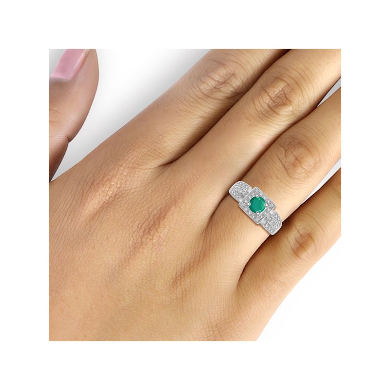 Emerald Birthstone Ring with White Diamond Accent in Sterling Silver - Hypoallergenic Jewelry