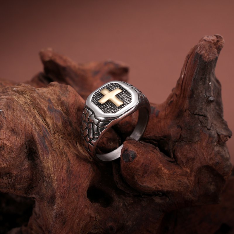 Men's Two Tone Textured Cross Signet Ring Stainless Steel Religious Jewelry