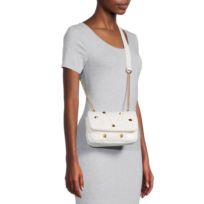 Women's Quilted Crossbody Bag with Studded Accents - White