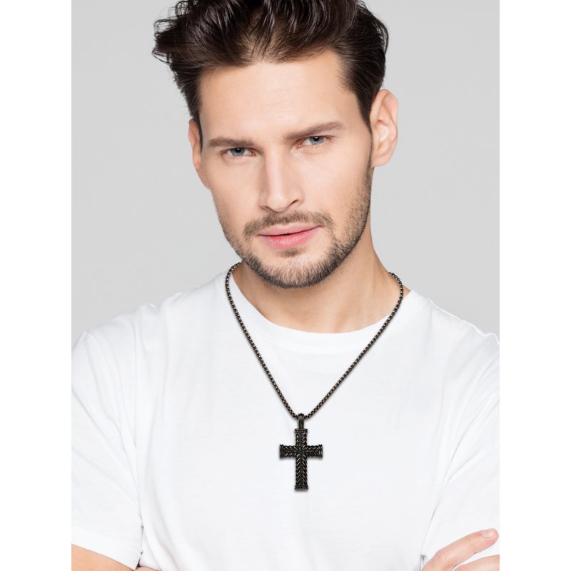 Women’s Black Plated CZ Cross Pendant Necklace - 22 Inch Stainless Steel