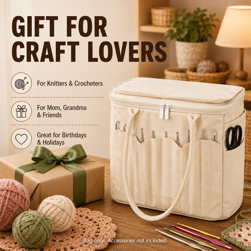 Large Canvas Yarn Storage Bag with Multiple Pockets & Yarn Holes for Knitting Crochet