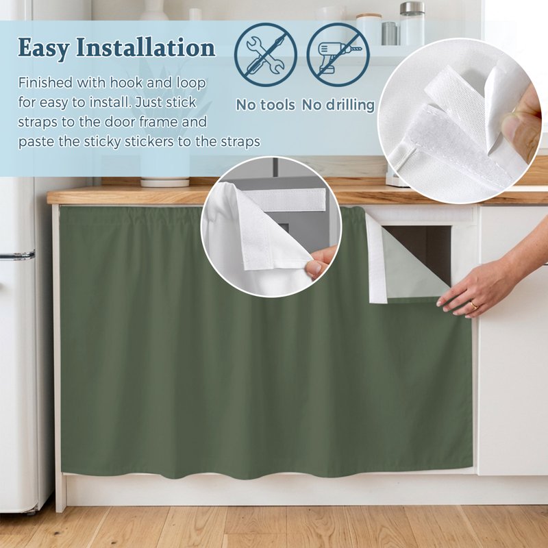 Deep Green Kitchen Cabinet Curtain Set with Magic Tape - Rustic Under Sink Privacy Panel
