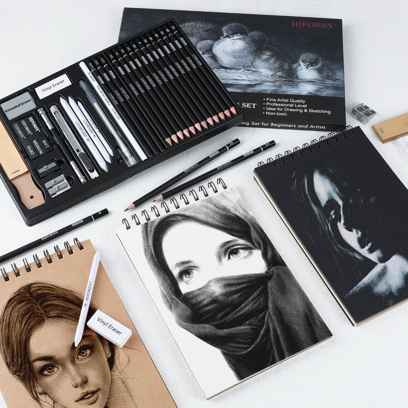 Professional Drawing Pencil Set with Charcoal & Blending Tools - 30 Pieces