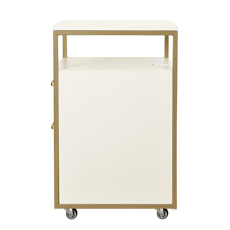 Modern White & Gold Rolling 2-Drawer File Cabinet with Locking Wheels & USB Charging Ports