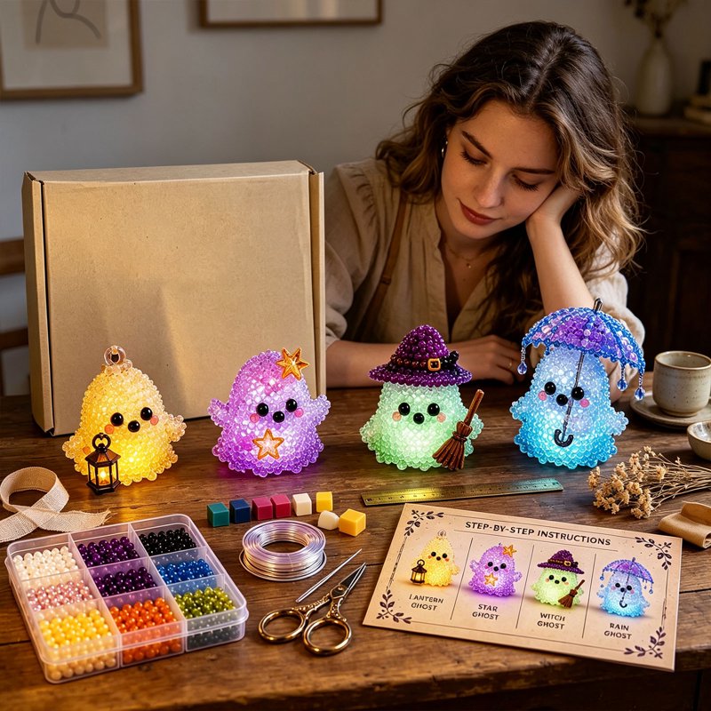 E-Glowing Ghost Dark DIY Bead Kit – Glowing Halloween Craft for Stress Relief (Moocorvic)