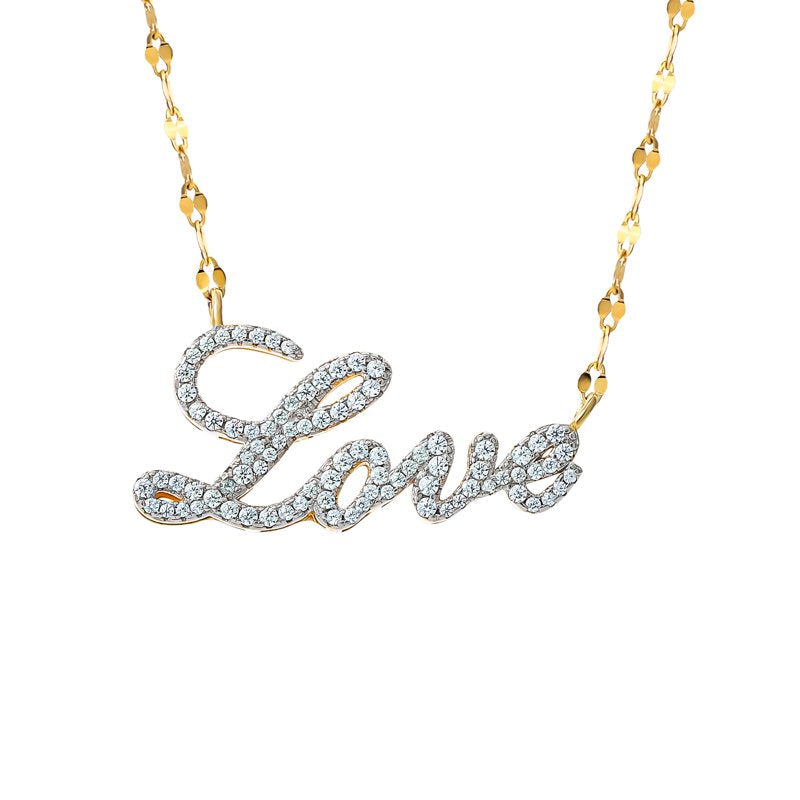 Sterling Silver 14K Gold Plated Love Necklace with Diamonds - 18 Inch Chain