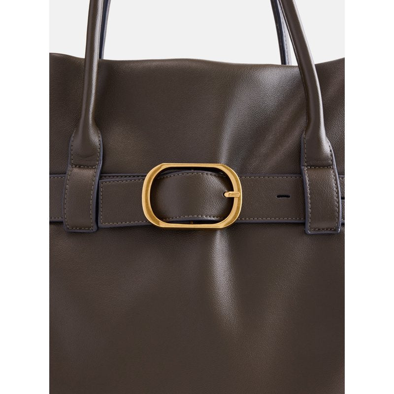 Women's Faux Leather Tote Bag with Buckle - Burnt Rosemary & Black