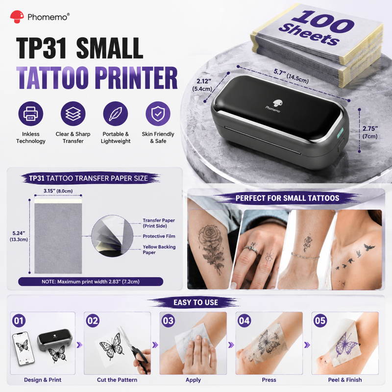 Tattoo Transfer Paper Pack for TP31 Printer - 100 Sheets, 3.15 x 5.24 Inches