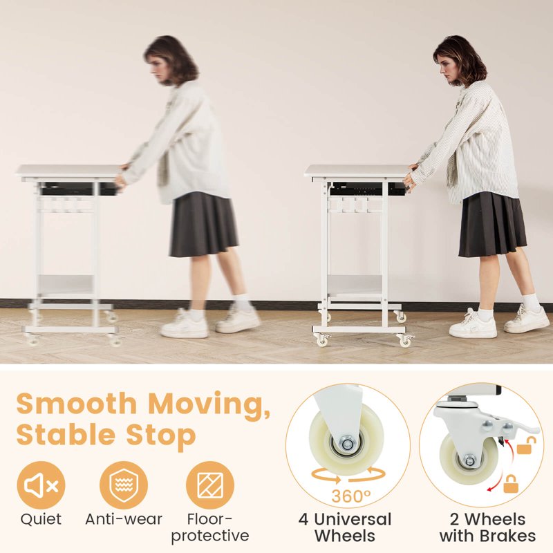 Mobile Laptop Desk with Keyboard Tray & Hooks, Lower Shelf, Wheels, White