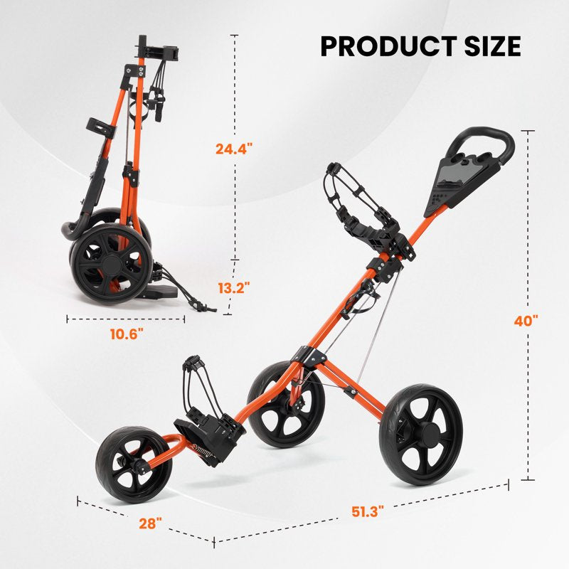 Naipo 3-Wheel Golf Push Cart with Adjustable Handle, Scoreboard & Cup Holder – Orange (Variation: Orange)